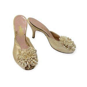 Vintage 1940s Schiaparelli Satin Pompom Mule Heels Champagne Slide Shoes